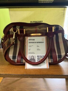 Burberry Beige Nova Check Canvas Satchel with Brown Leather Trim